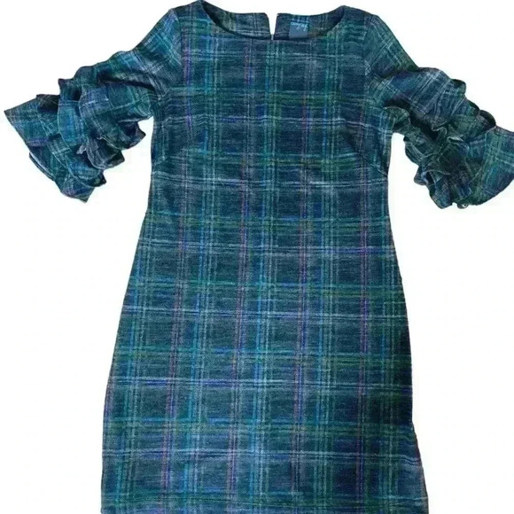 Gabby Skye Shift Dress Navy Size 6 Violet Plaid Ruffle Sleeves Cozy Fall Career - Picture 2 of 16